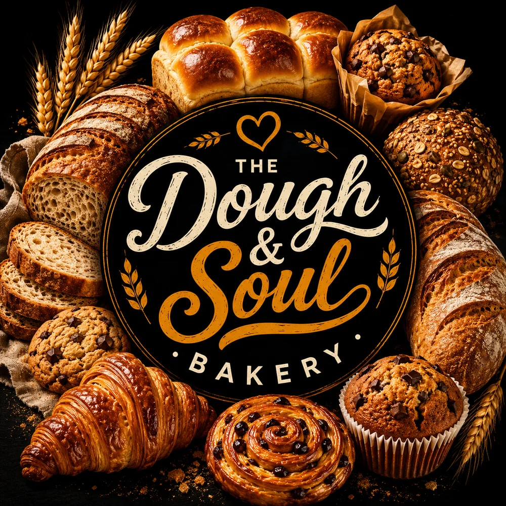 The Dough and Soul Bakery logo surrounded by baked goods