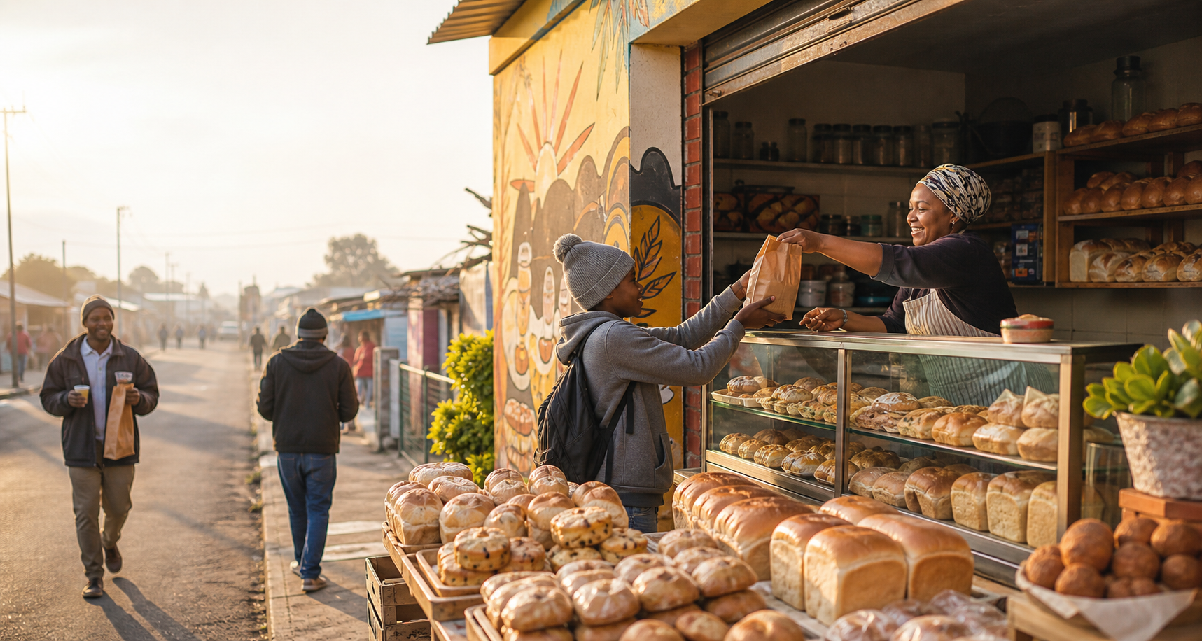 Warm South African township bakery storefront with fresh baked goods